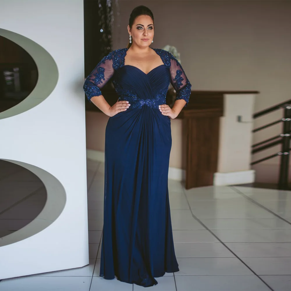 Mother Wedding Guest Dresses 3/4 Sleeves Sparkling Beading Applique Pleat Plus Size Of The Bride Dress mother bride dresses
