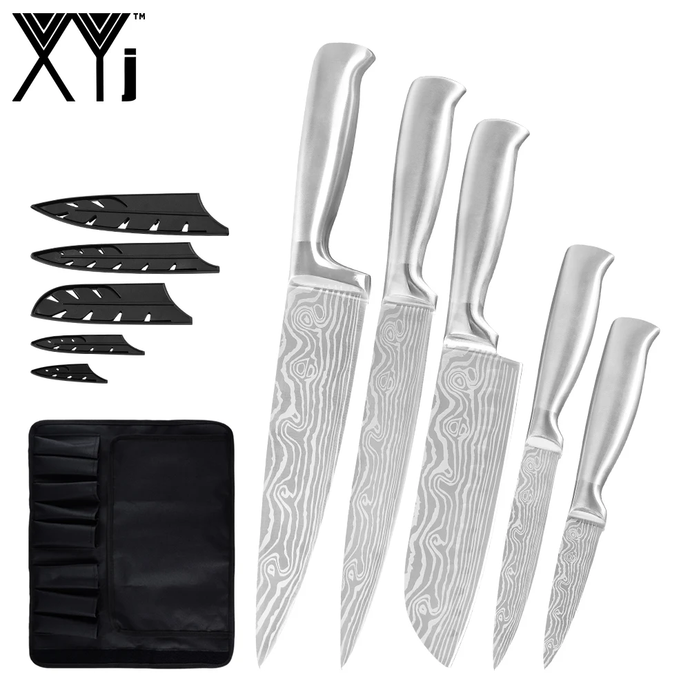 D.6pcs set XYj, 7 шт., нож из нержавеющей стали, 8 дюймов, нож для нарезки шеф-повара, 7 дюймов, Santoku, 5 дюймов, универсальный, 3,5 дюймов, нож для очистки овощей, дамасский узор, лезвие, полный инструмент Тан - Цвет: D.6pcs set