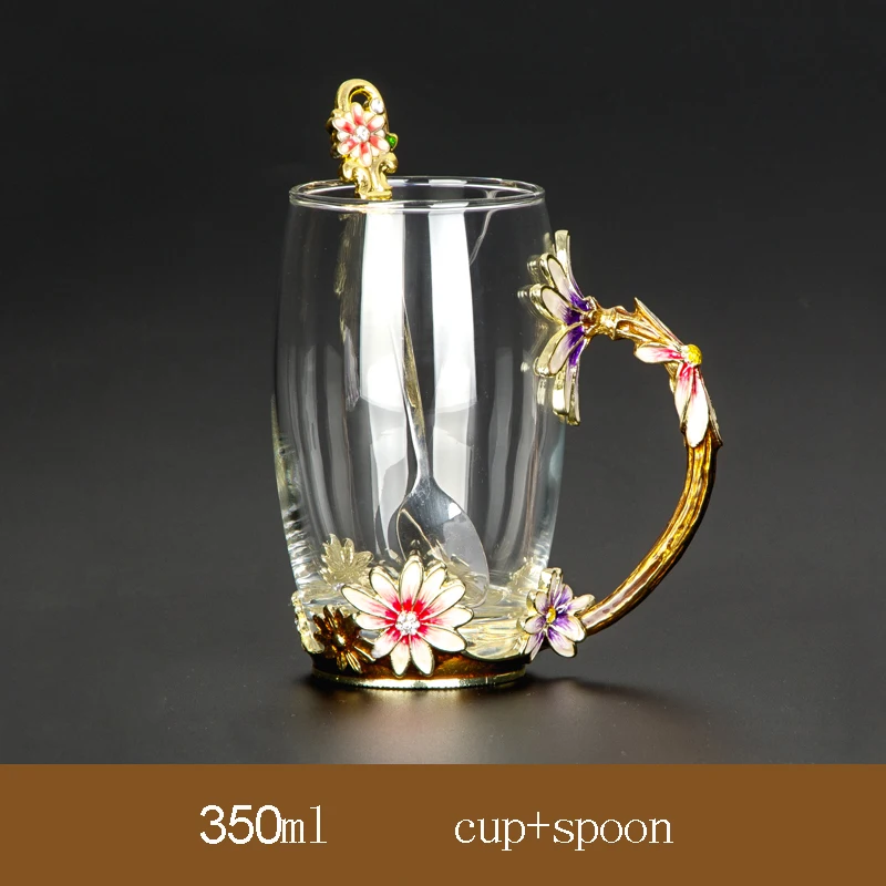 350ml cup and spoon Цветочная стеклянная эмалированная чашка для воды прозрачная чайная, кофейная ложка эмалированные чашки K-Cup для воды тонкая офисная бутылка для воды - Цвет: 350ml cup and spoon