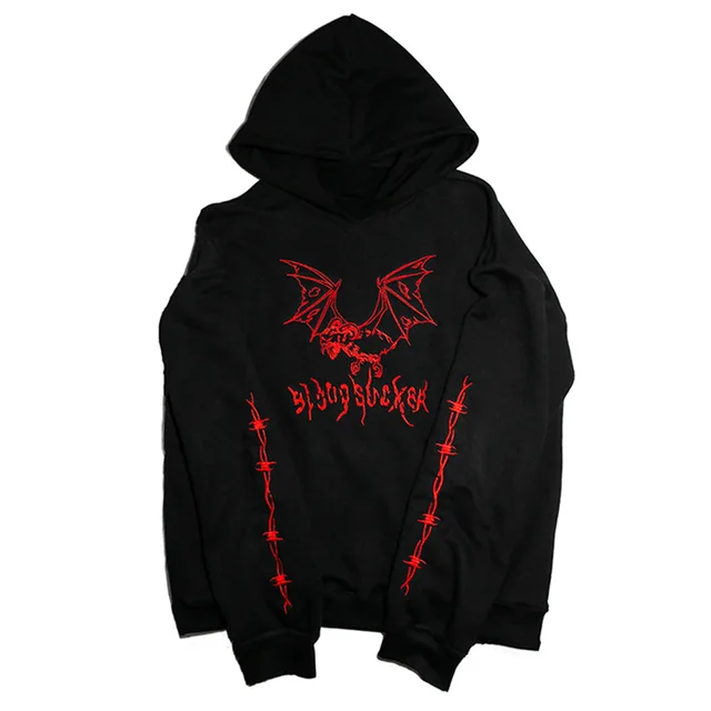 Cool Fashion Casual Gothic Goat Demon Bat Embroidery Pollover Black Sweatshirt Heavy Metal Style Hoodies Sudadera Punk Fleece 1