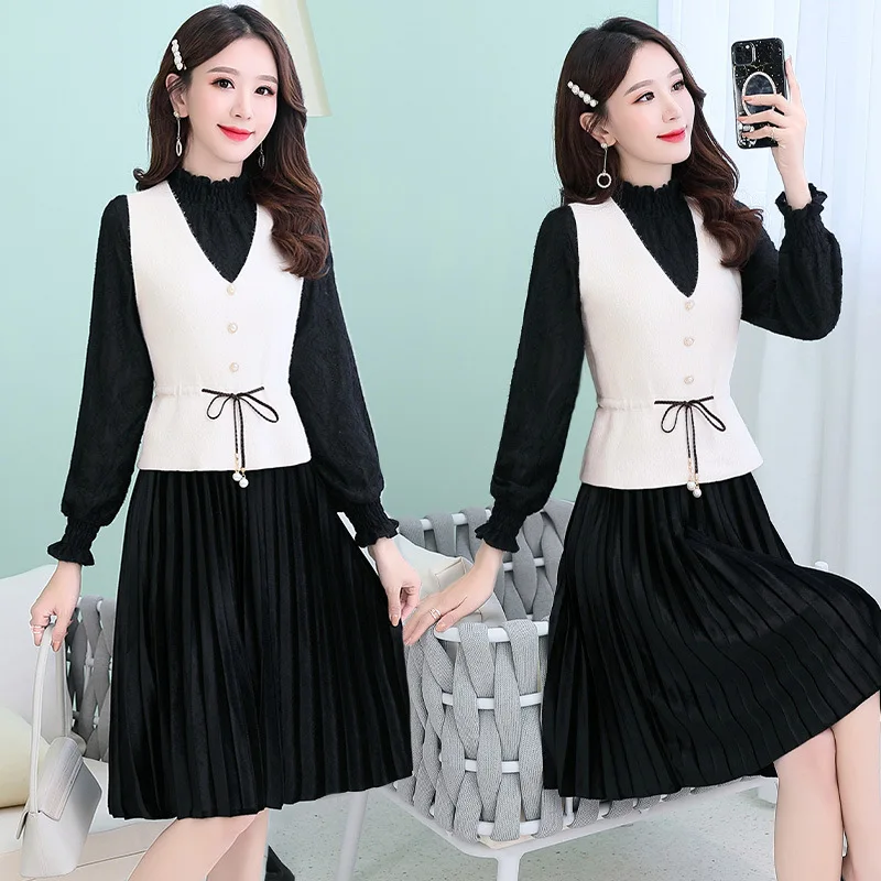 

Two-Piece Set Lace Dress 2020 Spring New Style Women's Elegant Mid-length Slim Fit Long Sleeve Pleated Base Skirt Fashion