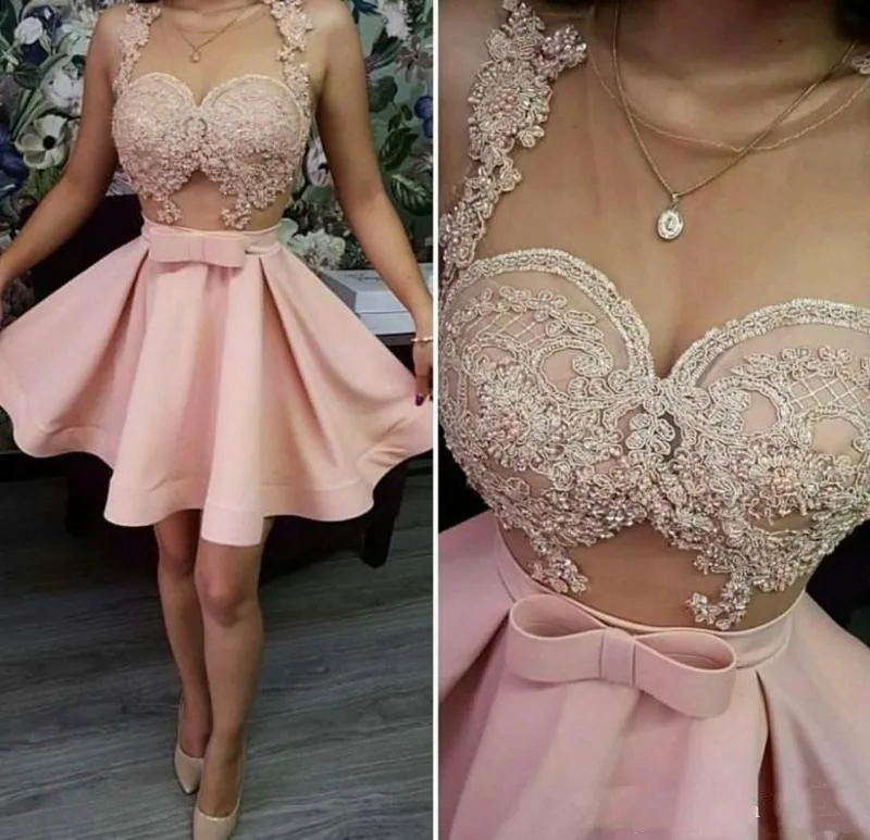 

Pink Prom Cocktail Dress Sheer Neck Lace Appliques Beads Short Sexy See Through Homecoming Party Gown Robe De Soriee Customed