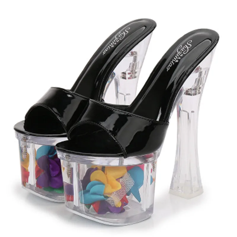 

17m high heel crystal square heel slippers, female summer waterproof platform non-slip thick bottom sexy ultra high heel slipper