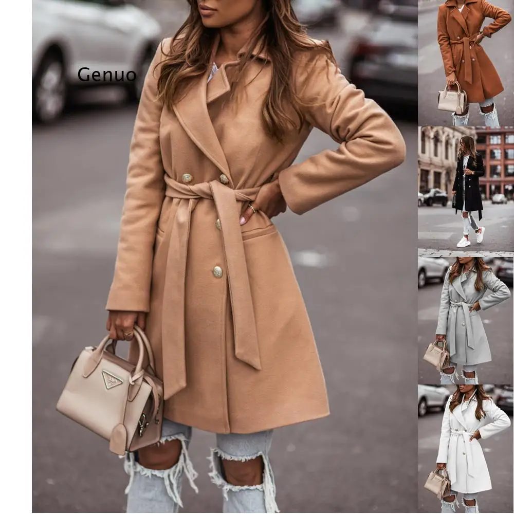 2021 European and American Fall/winter Solid Color Long-Sleeved Suit Collar Double-Breasted Woolen Coat Jacket Women 2021 fall winter women s solid color slim fitting navel fashion stand up collar long sleeved warm down jacket women s jacket