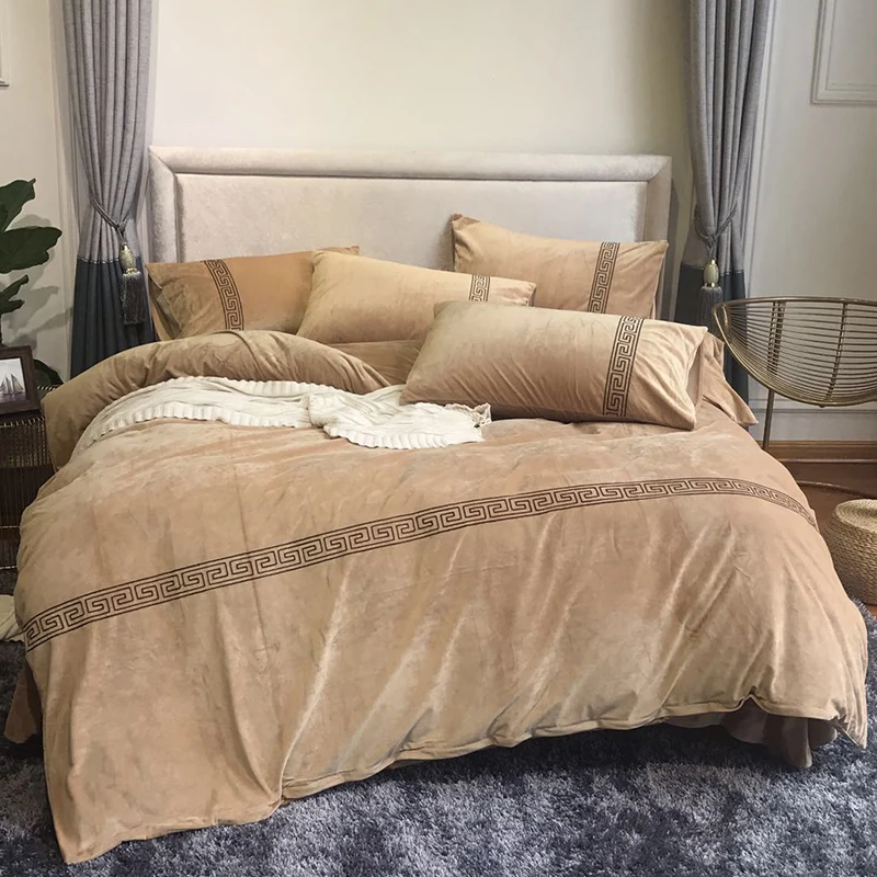 Флисовый бархатный серый коричневый пододеяльник простыня и подушка shams тяжелый теплый queen King size 4 шт. шикарные комплекты постельного белья с вышивкой