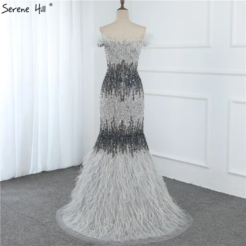 Дубай дизайн серое роскошное сексуальное вечернее платье с кристаллами перья с открытыми плечами вечерние платья Serene Хилл LA70242