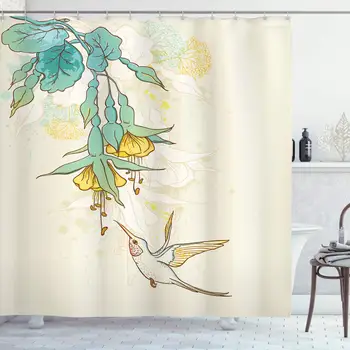 

Hummingbird Shower Curtain, Hummingbird and Tropical Flowers Summertime Exotic Plant Nature Art, Cloth Fabric Bathroom Decor Set