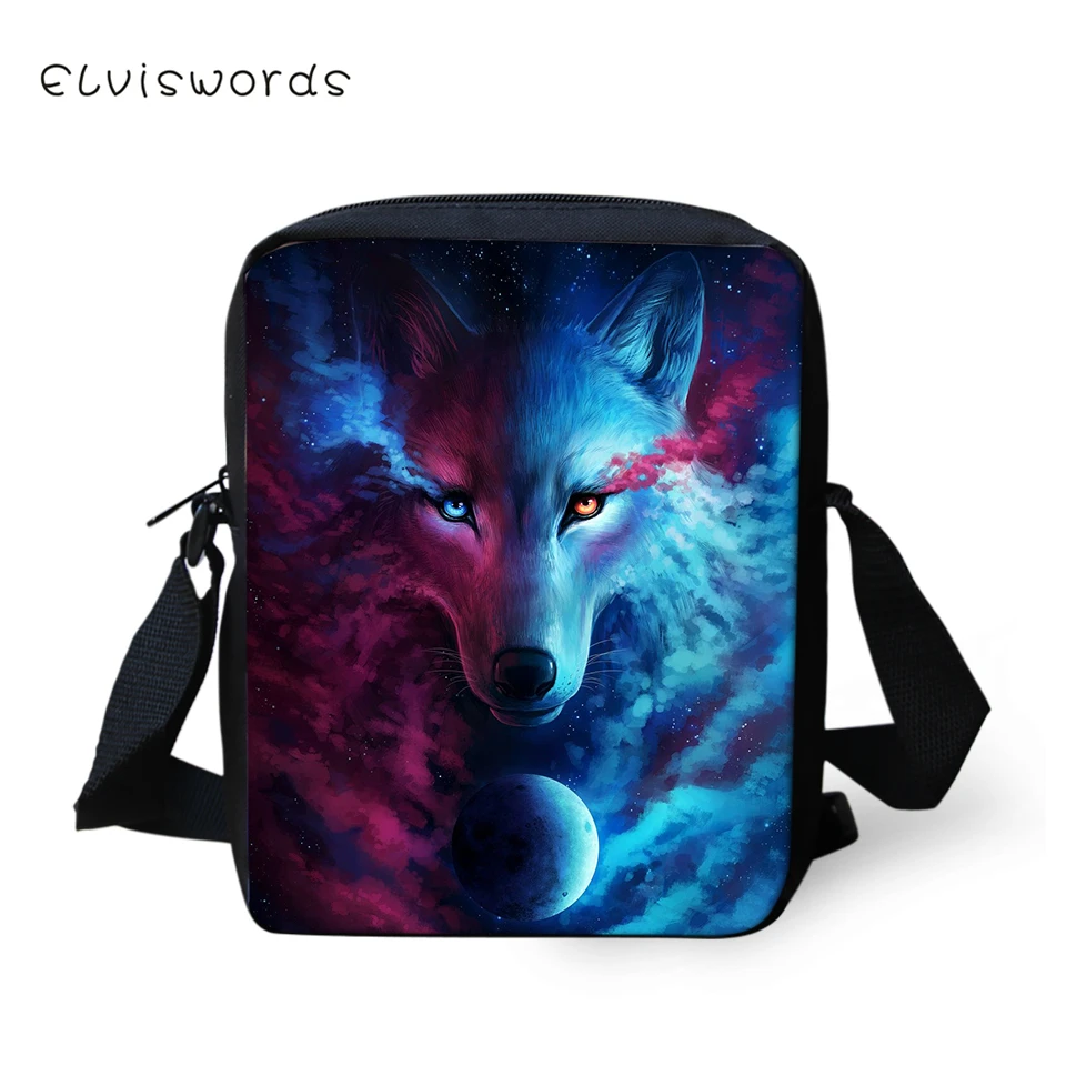 ELVISWORDS Для женщин Курьерские сумки "Fantasy Wolf"; одежда с принтом «крест-накрест» для девочек Сумка через плечо с животными из мультфильмов; Мода для девочек; мини клапанами кошелек