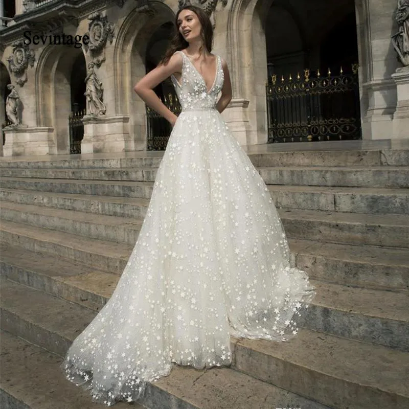 Sevintage A Line Boho Свадебные платья с v образным вырезом и открытой спиной фатиновые