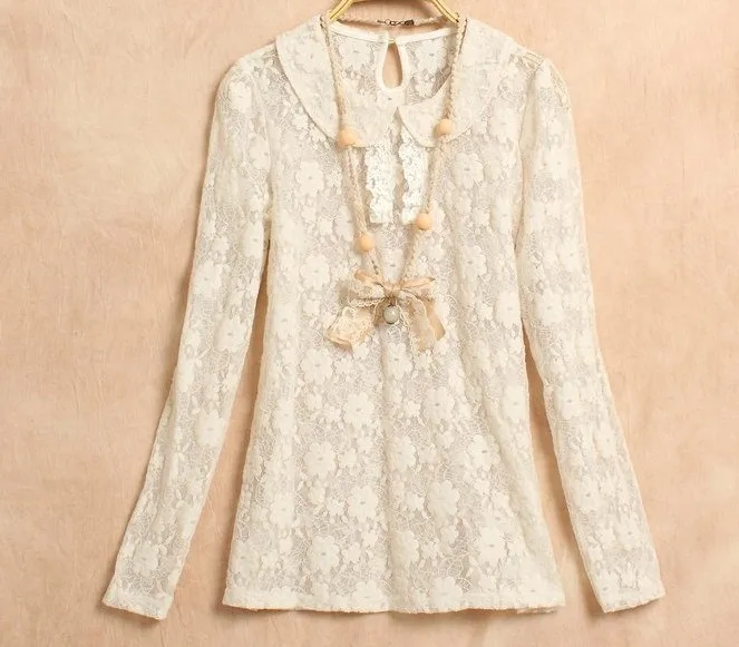 Mori Girl Preppy Style College Student Lace Basic Princess Shirt Loose Long Sleeve T-Shirts Casual Women's Vintage Boho Clothing | Женская