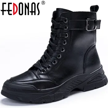 

FEDONAS Concise Women Motorcycle Boots Genuine Leather Chunky Heels Boots Boots 2020 Autumn Winter Party Shoes Woman Ankle Boots