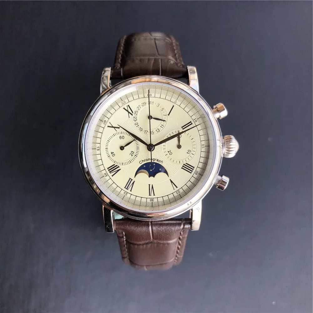 Модные Роскошные Мужские механические часы с хронографом ST1908 сапфировые часы Бизнес Календарь Мужские пилотные наручные часы Moonphase - Цвет: Ivory White Brown