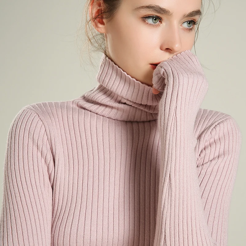 Водолазка вязаный свитер для женщин джемпер с длинными рукавами пуловеры полосатые стрейч осень зима basicshirt короткие сексуальные свитера - Цвет: Розовый