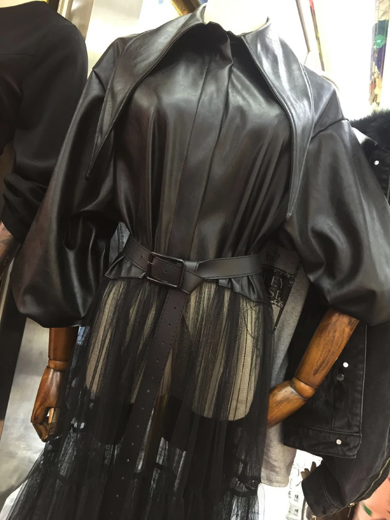 Getвесеннее женское кожаное пальто с сеткой, женский кожаный Тренч, темпераментная черная кожаная ветровка, Свободное длинное пальто из ПУ