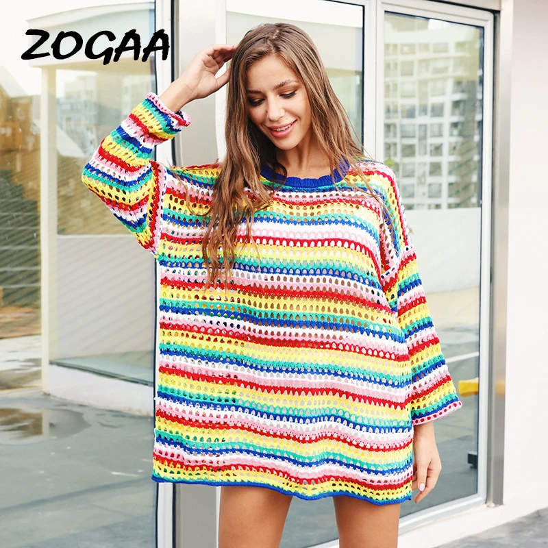 

ZOGAA Oversized Rainbow Women Streetwear Knitted Sweaters 2019 Autumn Winter Loose Hollow Out Striped Pullovers Female Jumper