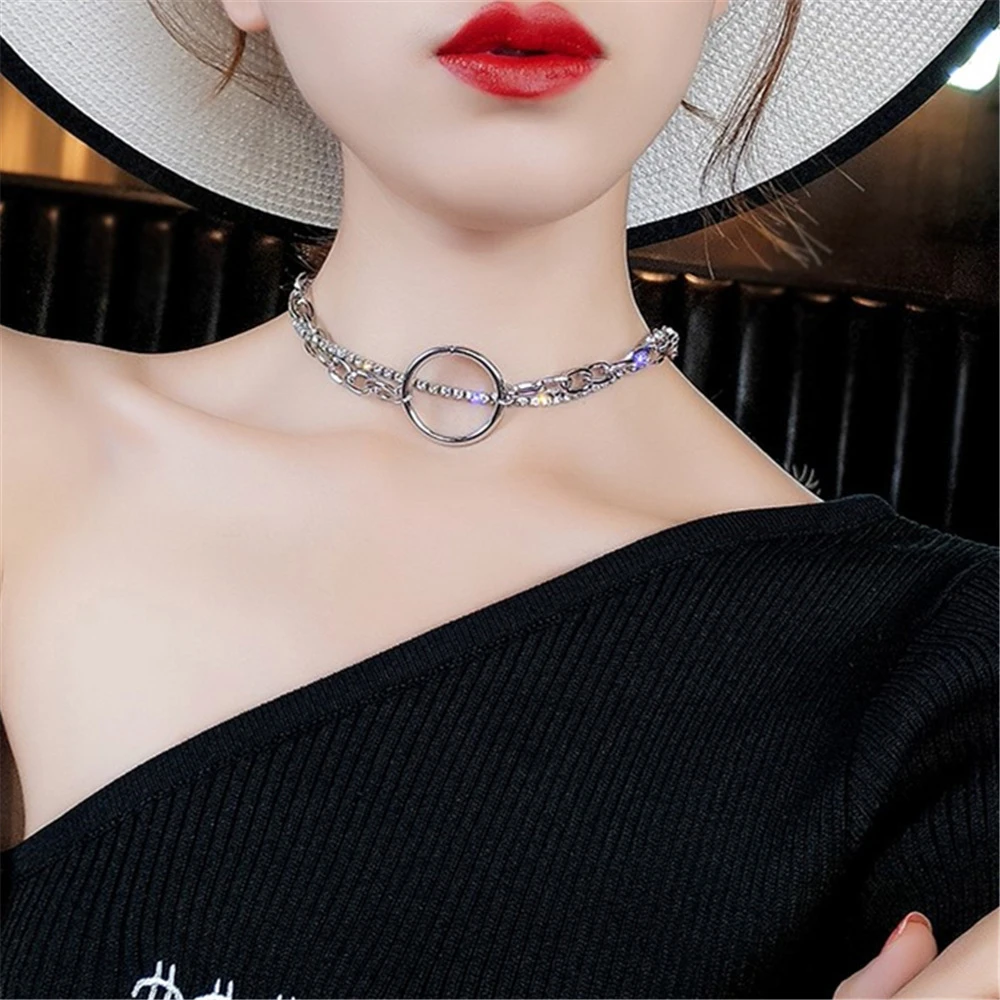 Серебряные ожерелья-чокер для женщин, корейские звенья цепи, круглые массивные ожерелья и подвески, колье для девушек, Женские Ювелирные изделия с кристаллами, подарок