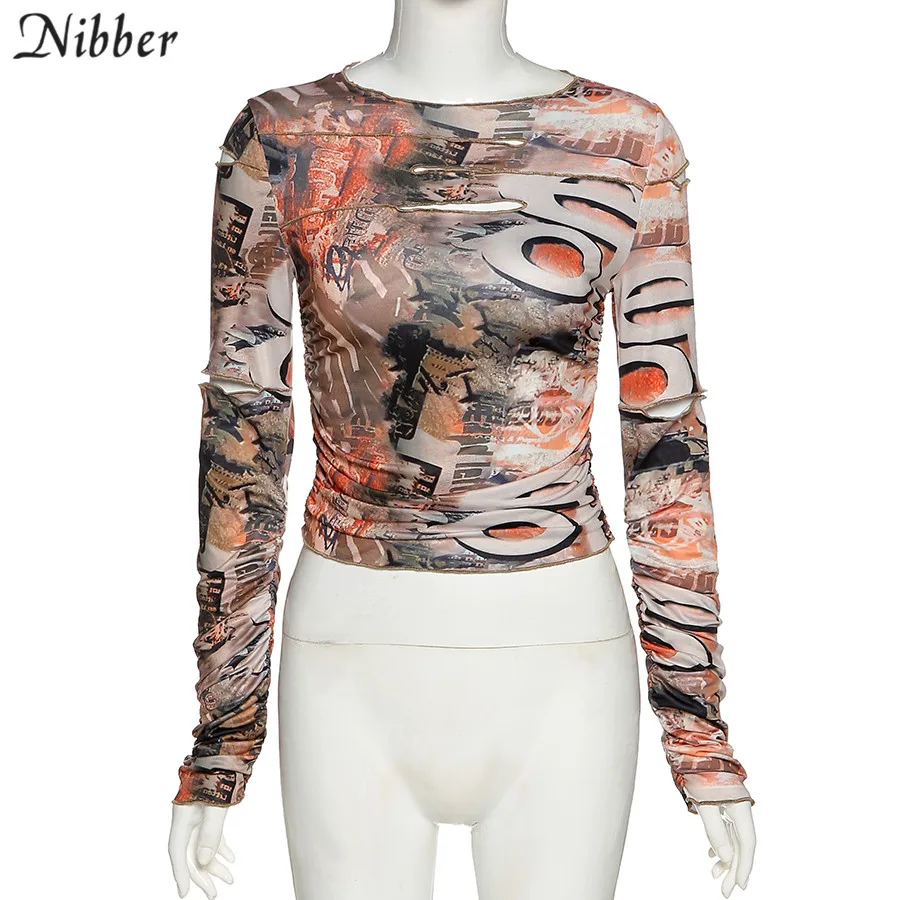 Nibber Punk Y2K Hollow Out Crop Tops Gothic Street Tee shirt For Women's Casual Basic Tees Female 2021 Summer Long Sleeve Top