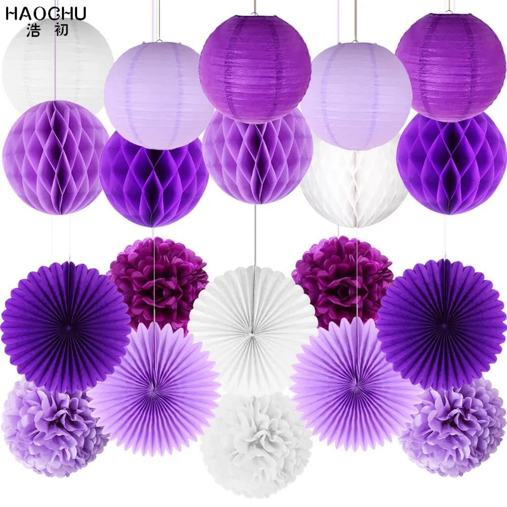 Purple 20 шт/партия украшения для вечеринки сделанные своими руками бумажный фонарь набор бумажных помпонов/Подвесные вентиляторы/сотовые шаровые принадлежности для дня рождения свадьбы - Цвет: Purple