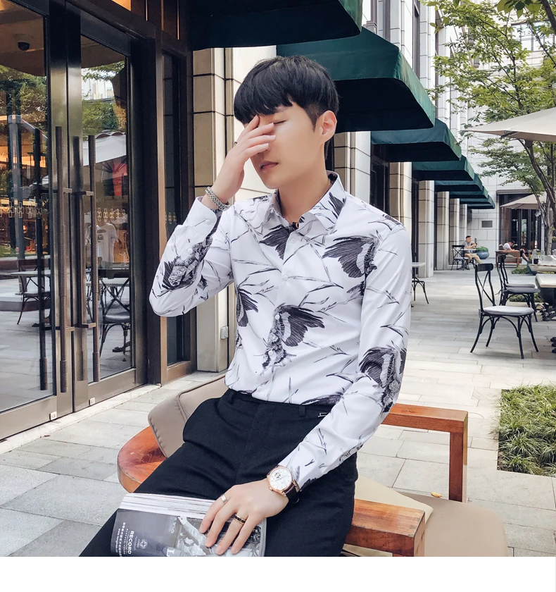2019 с цветочным принтом рубашка Для мужчин Slim Fit повседневные рубашки с длинными рукавами Для мужчин s, для ночного клуба, уличная мода