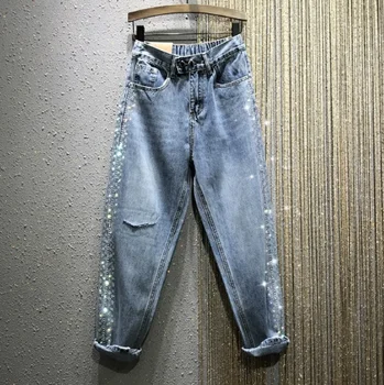 

Industrial Hot Drilling Jeans Women's Denim Pants Spring and Summer New Style High Waist Loose Plus-sized Harem Pants Blue Jeans