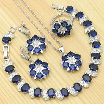 

925 Silver Jewelry Sets For Women Blue Cubic Zirconia White Crystal Ring Pendant Bracelet Necklace Earrings