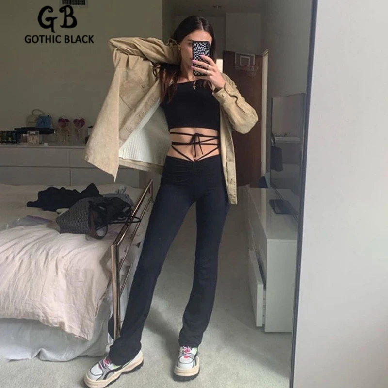 Gothblack High Waist Lace Up Cross Ruched Skinny Pants 2020 Summer Women Fashion Elastic Slim Trousers Female Streetwear Outfit Gothblack High Waist Lace Up Cross Ruched Skinny Pants 2020 Summer Women Fashion Elastic Slim Trousers Female Streetwear Outfit