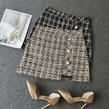 

2020 Vintage Women Plaid Skirts Autumn Winter Elegant Woman Single-Breasted Short Mini Skirt High Waist Female A-line Skirt