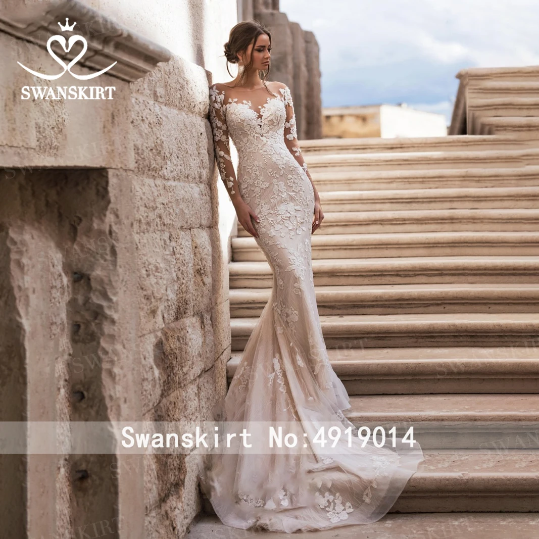 Свадебное платье с длинным рукавом и съемным шлейфом, юбка-лебедка N151, лиф сердечком, Кружевная аппликация, платье русалки, платье для невесты принцессы, Vestido de Noiva