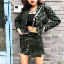 Women's Sexy Plaid Print Mini Skirt with Key Chain Female Casual High Waist Splits Bodycon Skirts Faldas Jupes Autumn SK442