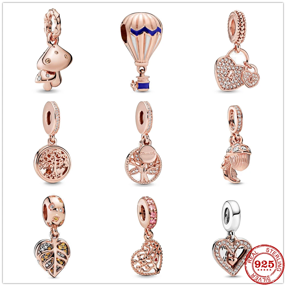 

100% 925 Sterling Silver Rosegold Balloon Leaves Heart Dangle Beads Fit Original Pandora Charms Bracelets DIY Women Jewelry gift