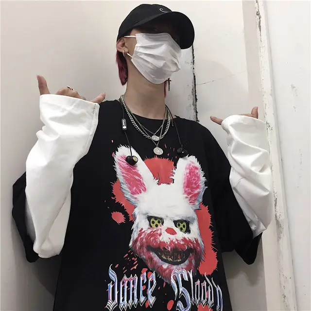 Autumn new trend dark hip-hop cross printing loose large size fake two-piece long-sleeved T shirt for men and women 11