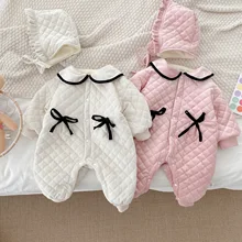 

Baby Doll Collar Winter Clothing 0-2yrs Newborn Girl Plus Velvet Rompers Toddler Jumpsuit for Free Hat Infant Warm Outerwear