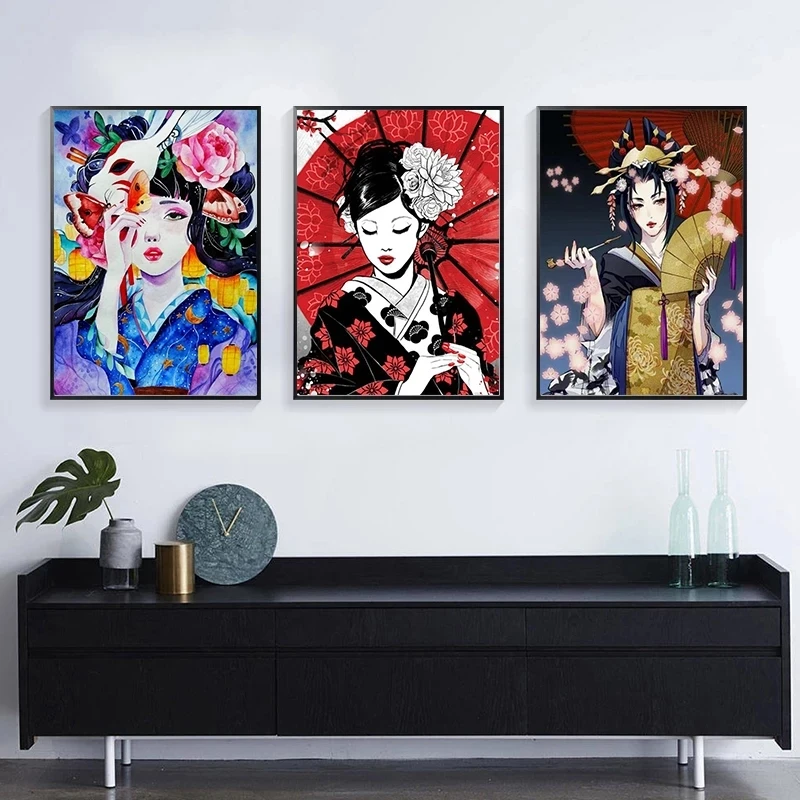 

Japanese geisha beauty kimono woman canvas painting art posters and prints on canvas wall art pictures home decoration gifts