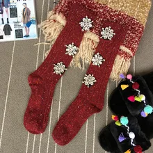 Шерстяные вязаные женские носки, стразы, цветы, украшение, модные, чистый цвет, подходят ко всему, высокое качество, Осень-зима, теплые носки с отворотами