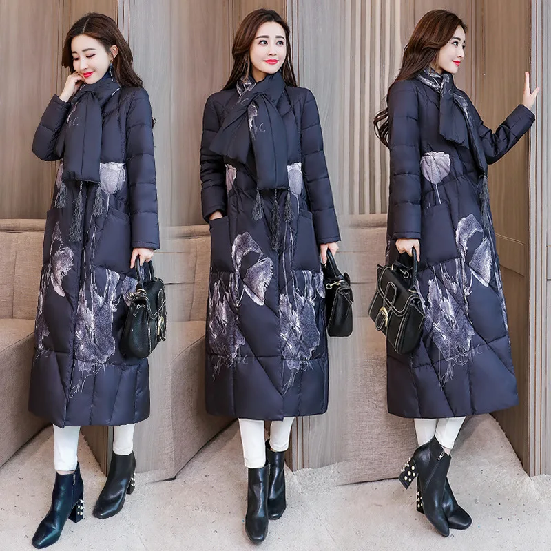 

Cotton-padded Clothes Abstract Pattern Crew Neck Hidden Button 2018 Winter Long Sleeve Long Slim Fit Pocket Joint Button
