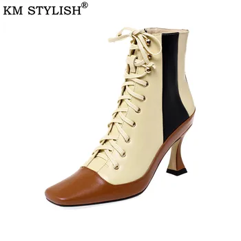 

Women Shoes Winter Ankle Boots New Colorblock Lace-up Thick Heel Ankle Boots Square Head High-heeled chic Elegant Martin Boot