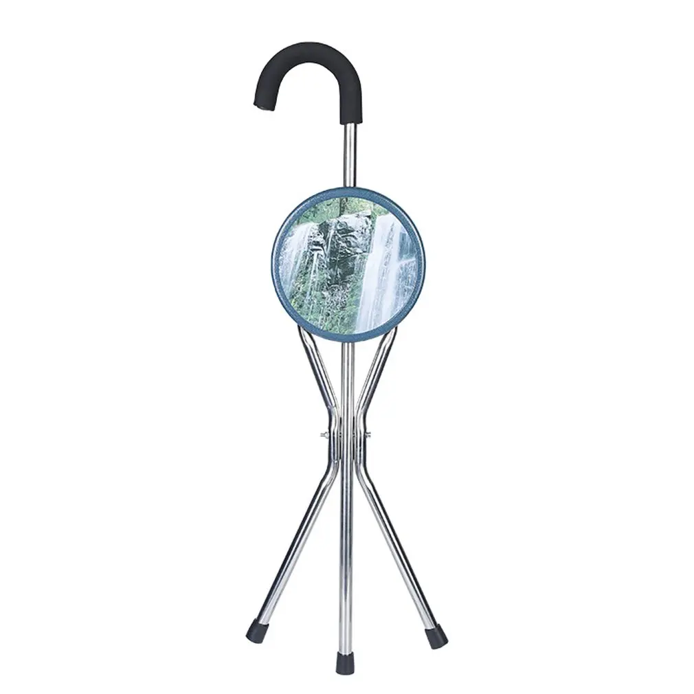 

Folding Walking Chair Rest Stool Iron Walking Stick With Plastic Seat Non Slip Tripods Cane Elder Outdoor Hiking Climbing Crutch