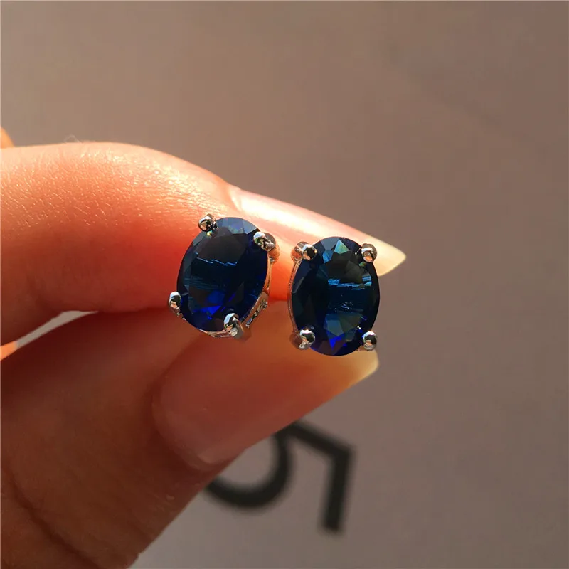 Blue Милые женские черные зеленые фиолетовые красные серьги-гвоздики 925 пробы серебряные серьги «Радуга» винтажные овальные свадебные серьги для женщин - Окраска металла: Blue