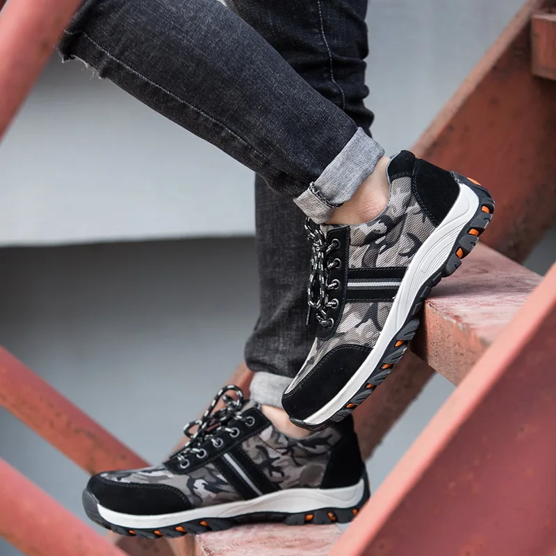 Рабочие ботинки, строительные мужские уличные ботинки со стальным носком, мужские камуфляжные ботинки с защитой от проколов, высокое качество, защитная обувь размера плюс