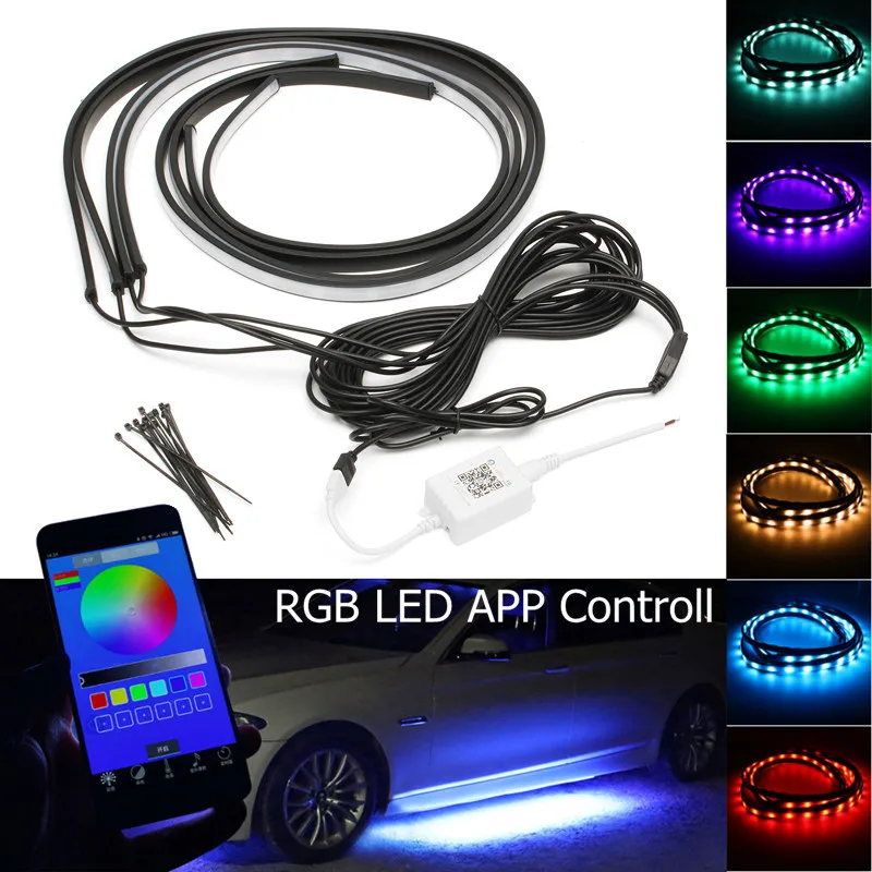 Новинка, 4 шт., RGB Автомобильная гибкая светодиодная лента, декоративная атмосферная лампа, Контроль приложения, под трубкой, система подсвечивания днища, неоновый светильник, комплект