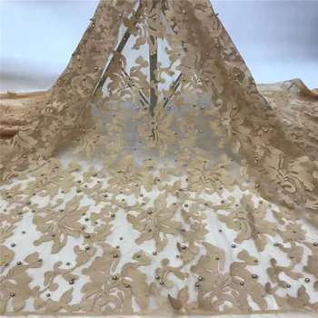 

Gold color Nigerian French Lace Fabric African Tulle Lace Fabric With Beaded High Quality African Lace Wedding Fabric For Dress