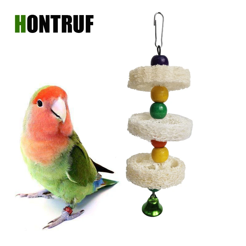 

Small Parrot Bird Toy Loofah Colorful Wooden Bead Bell Bite String Molar Toy
