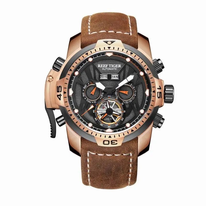 Спортивные часы Reef Tiger/RT, сложный циферблат с месяцем года, вечный календарь, большой стальной чехол, часы Relogio Masculino RGA3532 - Цвет: RGA3532PBRO