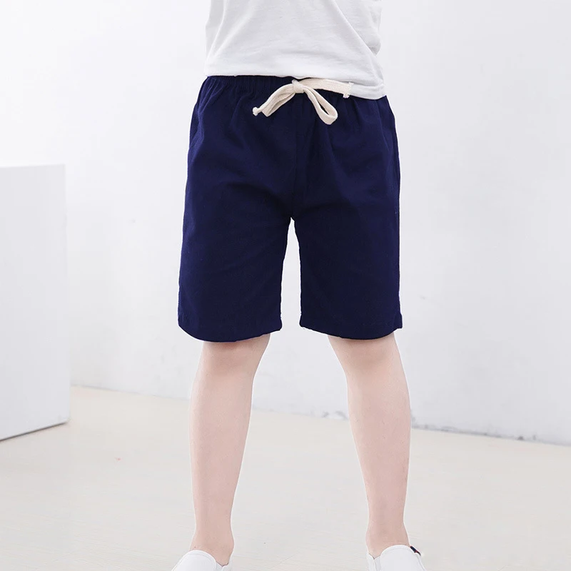 Хлопковые и льняные брюки для мальчиков от 2 до 10 лет шорты до колена яркие цвета, детские летние пляжные свободные шорты для девочек - Цвет: Navy blue