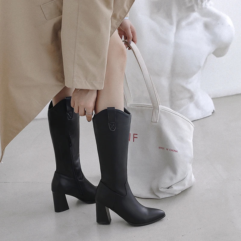 ENMAYER/ г. Модные женские зимние сапоги для верховой езды из PU искусственной кожи модные женские сапоги до колена на квадратном каблуке с острым носком размер 34-43