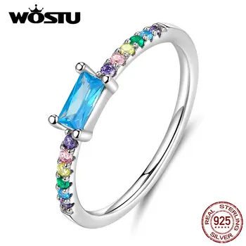 

WOSTU Authentic 925 Sterling Silver Colorful Rings For Women Unique Rainbow With Rectangle Blue Zircon Rings Jewelry BKR590