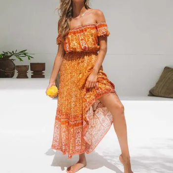 

TEELYNN sexy Off The Shoulder boho long Dress Women beach wear Vintage Cotton orange Flroal printed Summer Dresses Female 2020