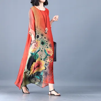 

Silk dress summer round neck looks thin 9-sleeve silk printed casual Silk dress