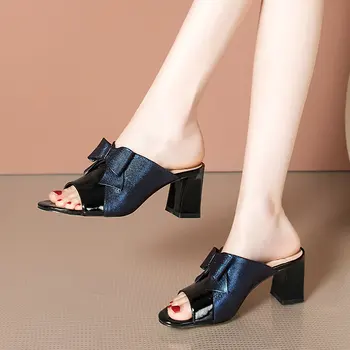 

Bowties Woman 2020 Summer Female Slippers Genuine Leather High Heels Pumps Newest Wedding Party Shoes Woman Heels