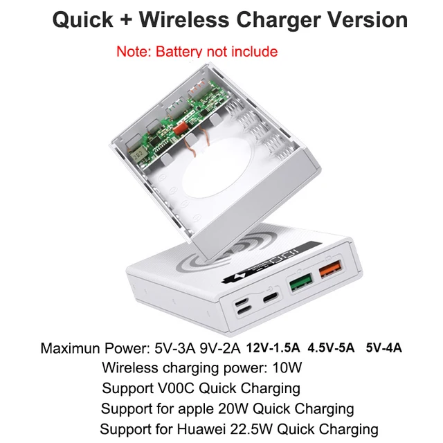 Welding Free 5*18650 Battery Storage Box PD QC3.0 USB 10W Fast Wireless Charging Power Bank Case 18650 Battery Holder Box Quick Wireless White
